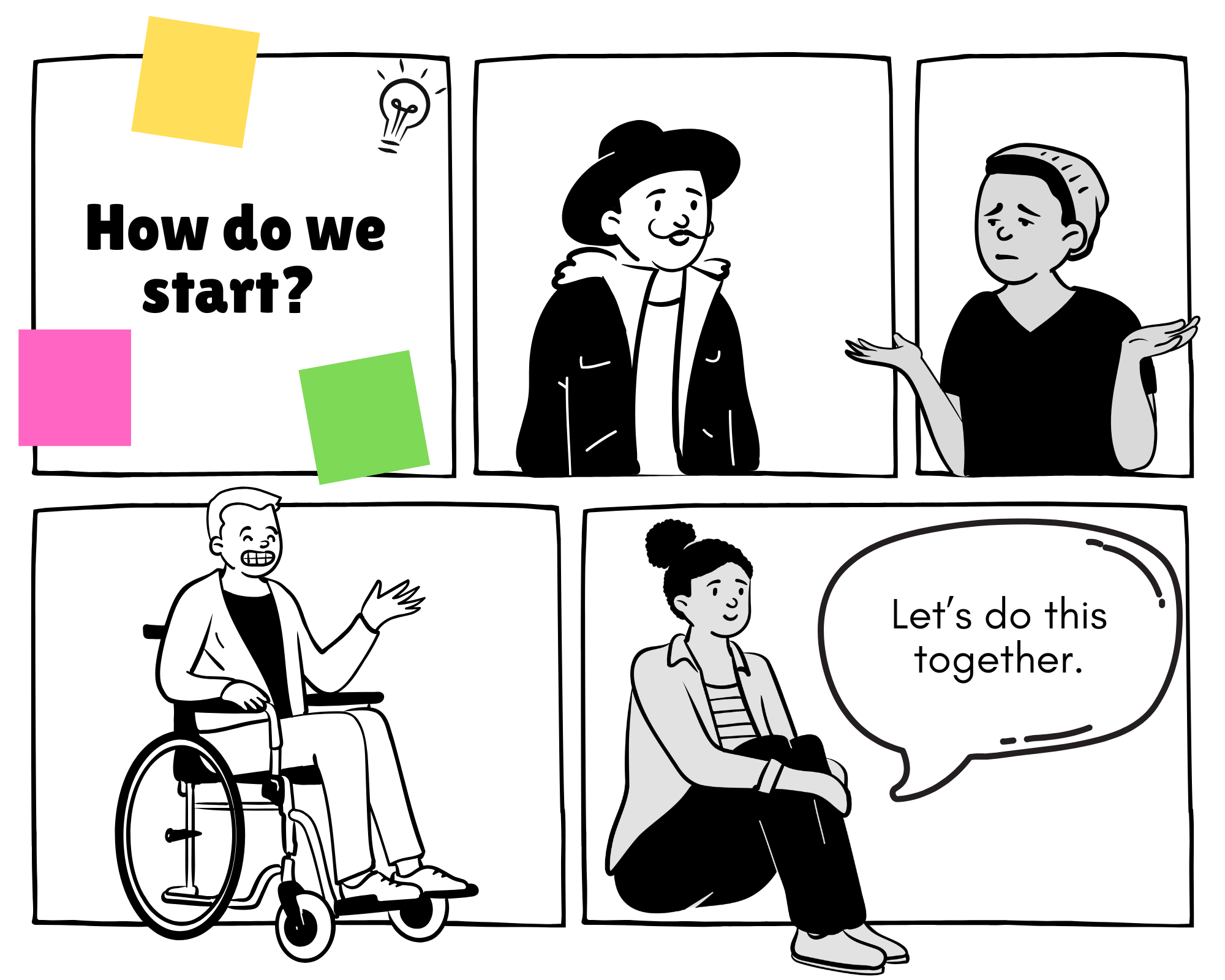 Black and white comic of designers asking how do we start with one shrugging. One says, let's do this together.
