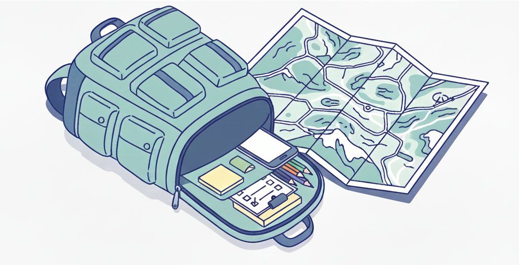Backpack open with post-it notes, checklist, pencils and a mobile phone with a journey map