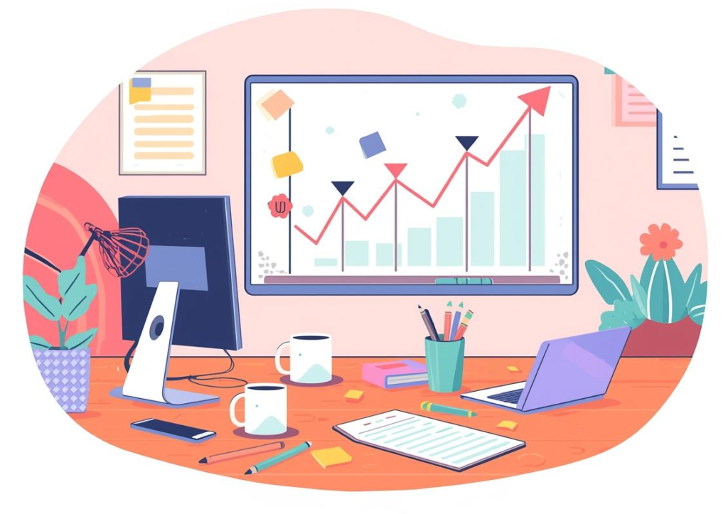 action planning in an office with whiteboard, computer, laptop, pencils and post-it notes.