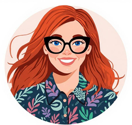 Jennifer Chadwick bio illustration with bright red hair and black glasses.