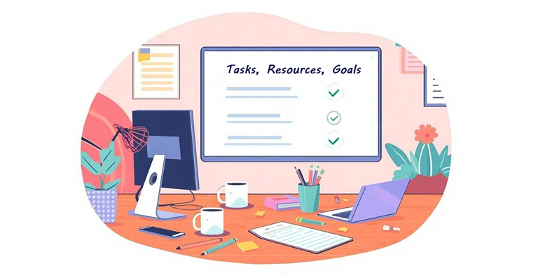 whiteboard with tasks, resources, goals