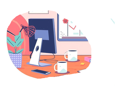 desktop with phone and computer on it